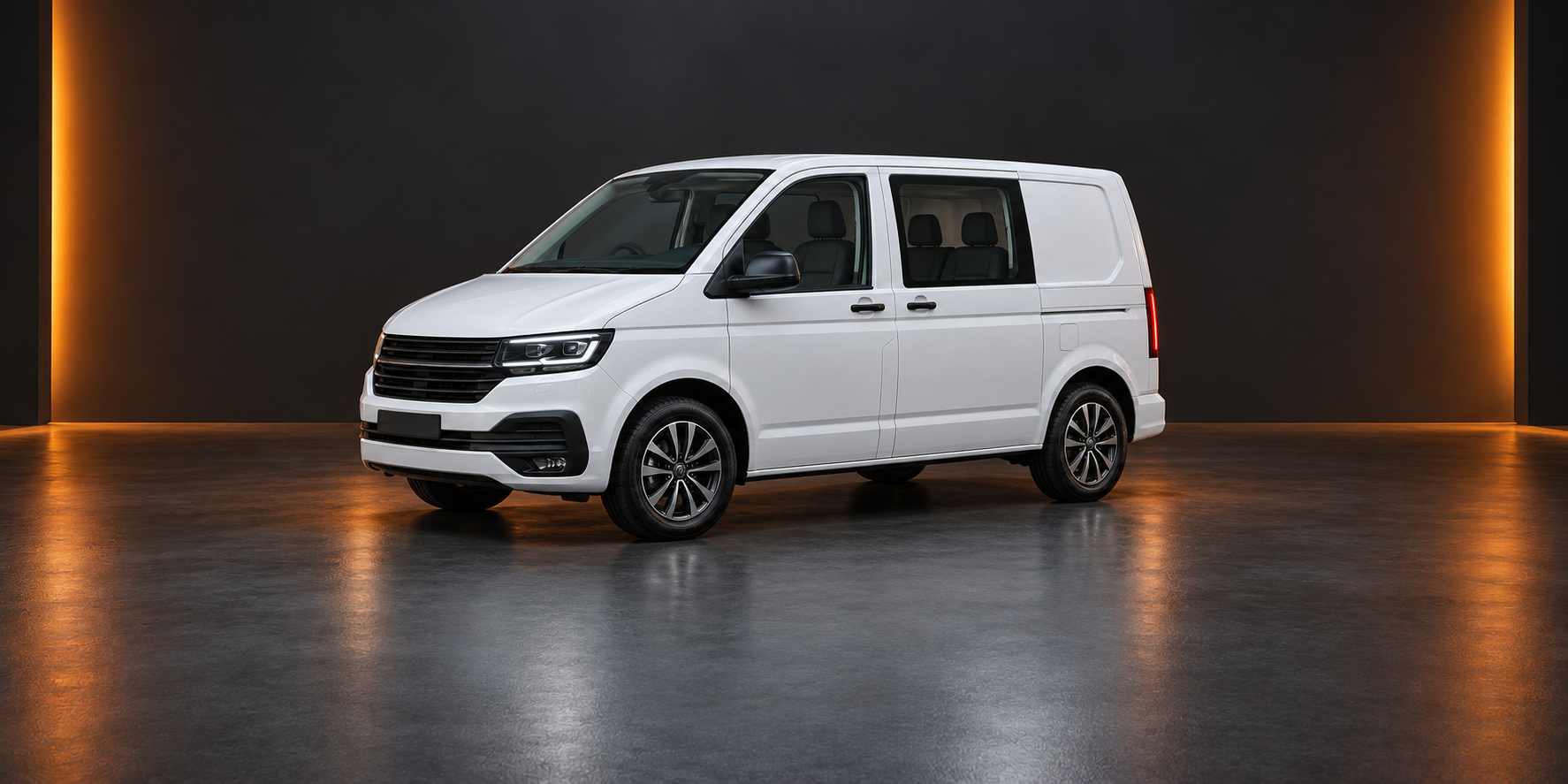 White double-cab crew van with second-row side windows facing left