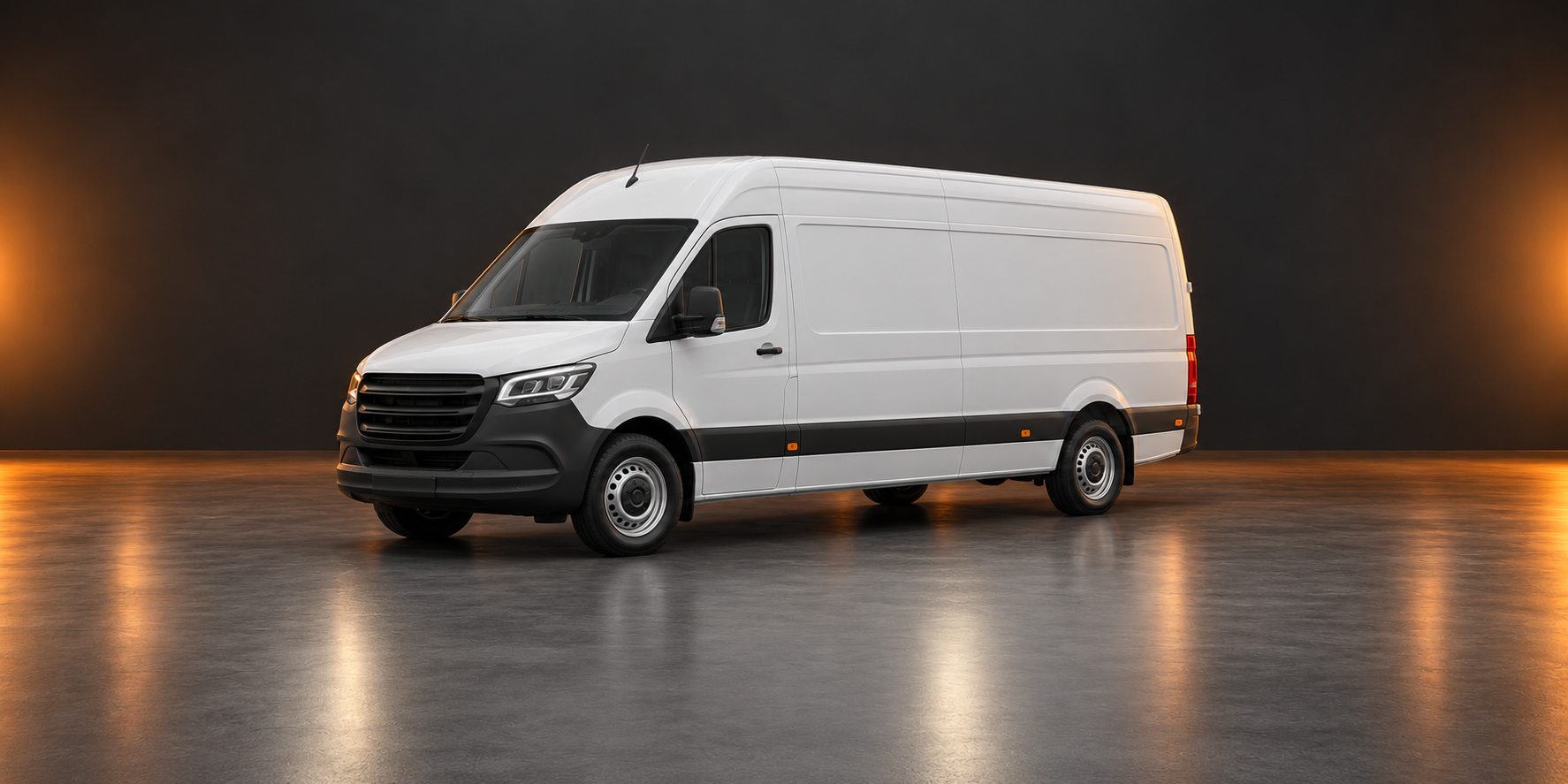 White long-wheelbase high-roof large panel van facing left